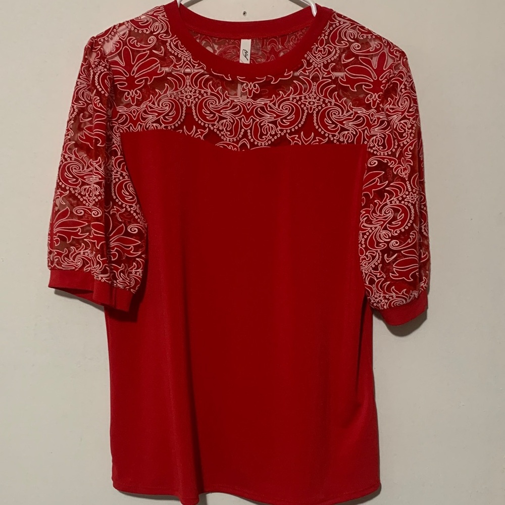 NY Collection Red Lace Blouse NWOT